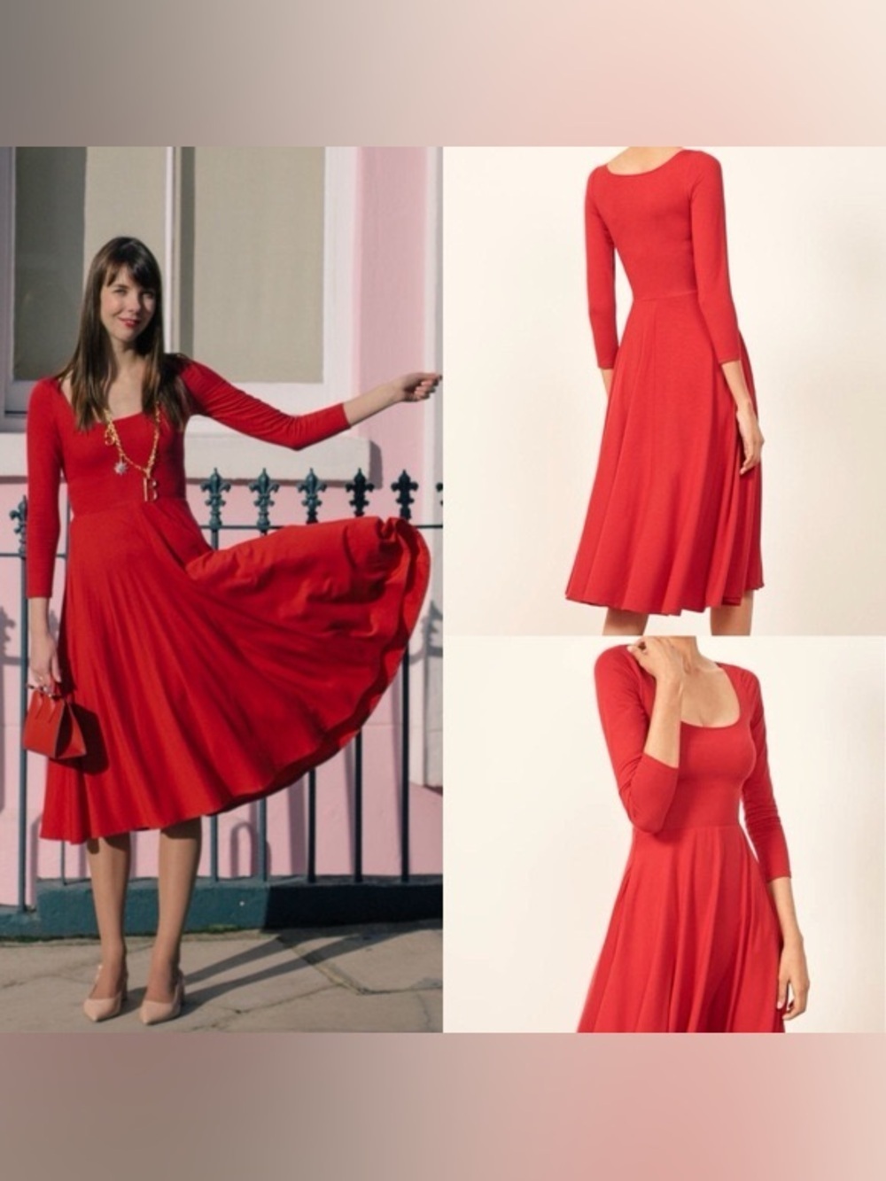 Reformation Lou Midi Dress Red Long Sleeve Scoop Neck Fit & Flare Size Small